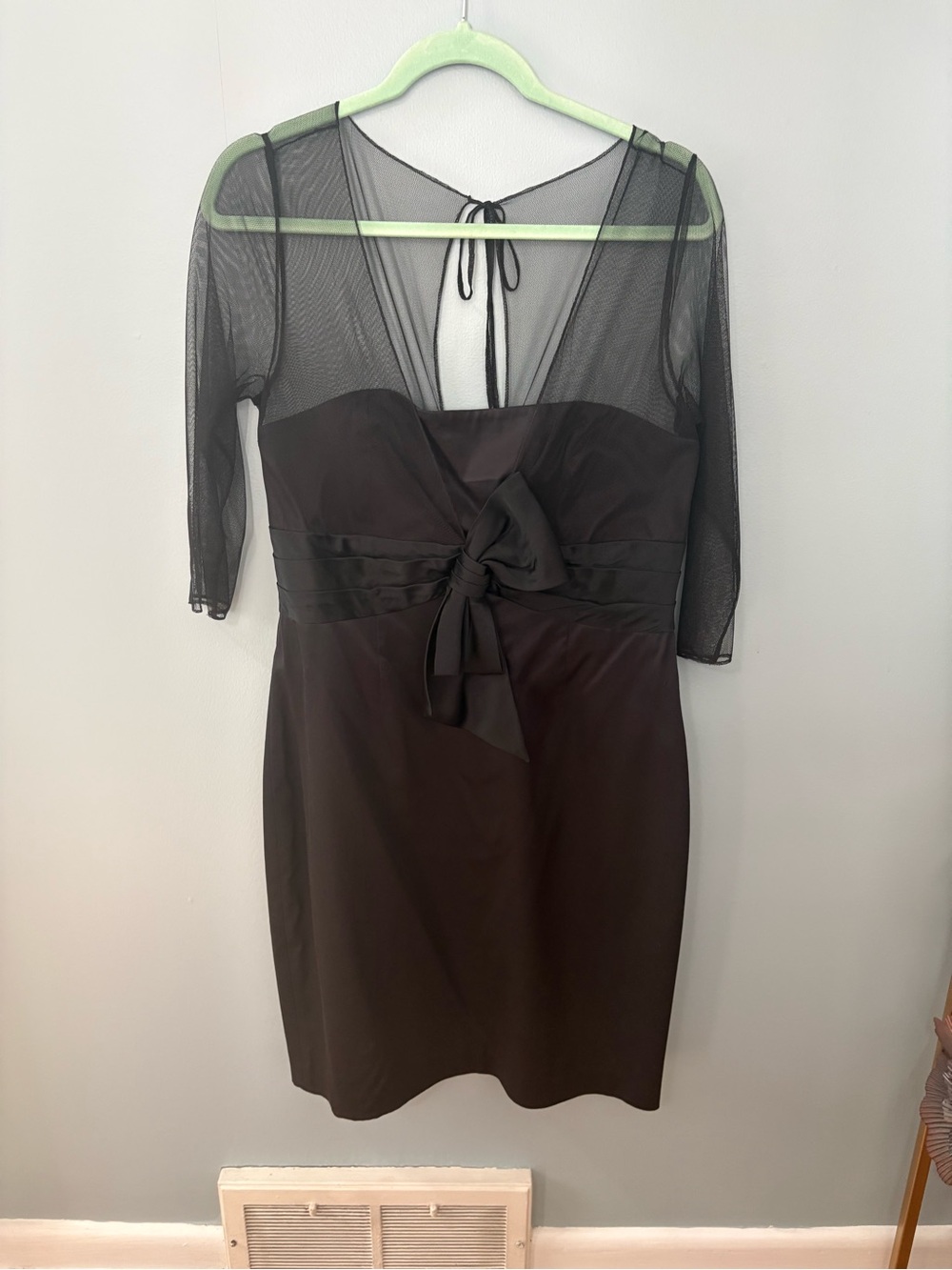 Kay Unger Black Midi Dress with Sheer Sleeves and Bow